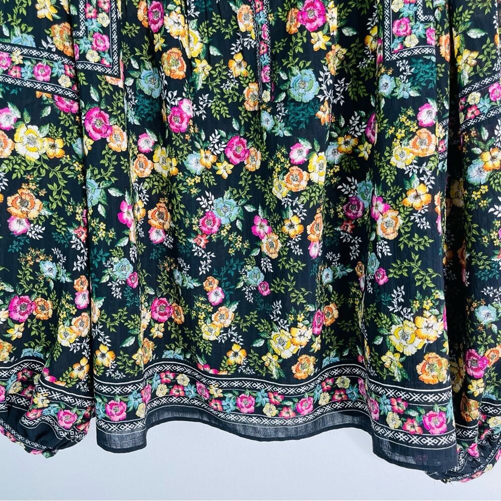 Rose & Olive black yellow pink floral boho popover pleated top large - Picture 3 of 8